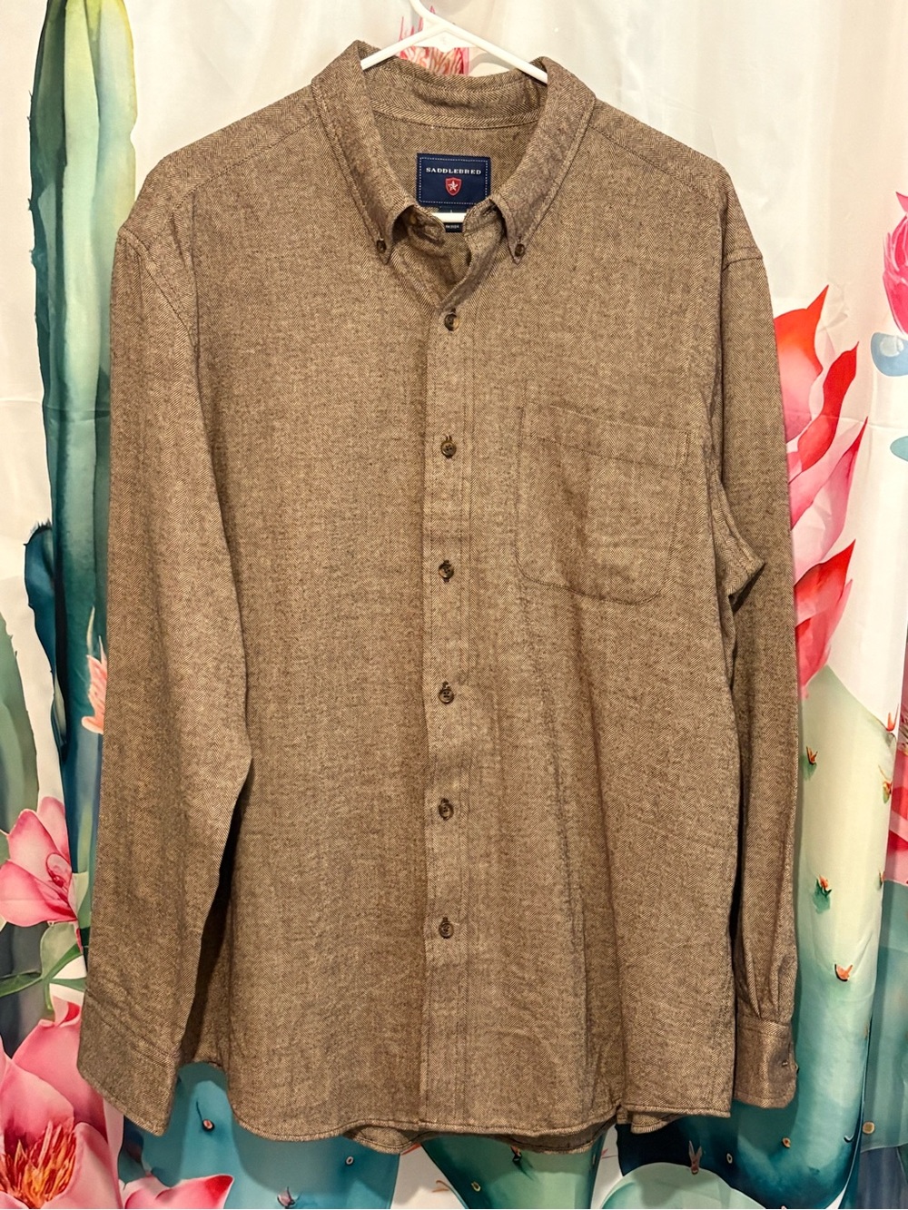 Saddlebred Men's Cotton Flannel Herringbone Button-Down Shirt Brown L